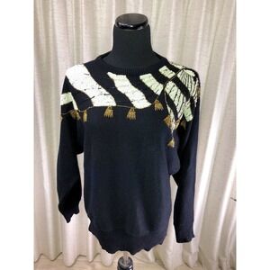 VTG Beaded Sweater Darian Black Acrylic Sequins Tassles Beading Size M